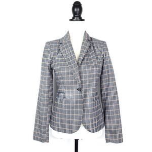 Merona Navy Blue White Orange Mini Plaid Blazer Jacket Size 2